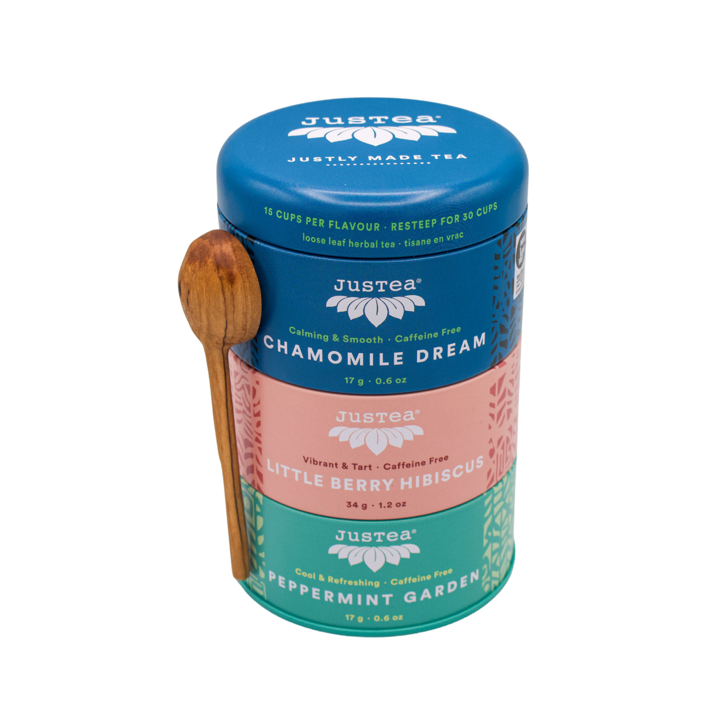JusTea - Herbal Tea Trio Tin & Spoon - Organic, Fair-Trade Tea Gift