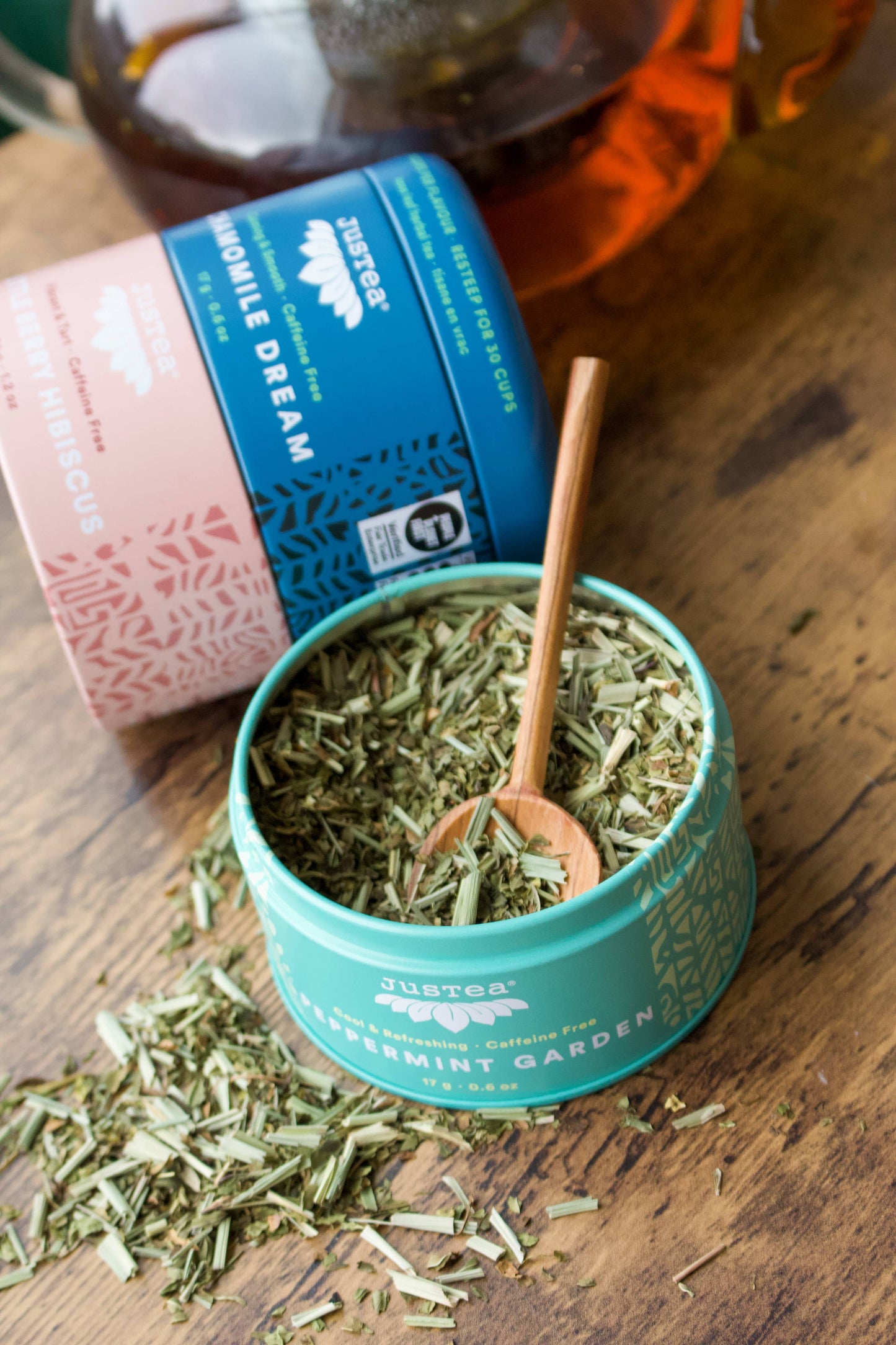 JusTea - Herbal Tea Trio Tin & Spoon - Organic, Fair-Trade Tea Gift