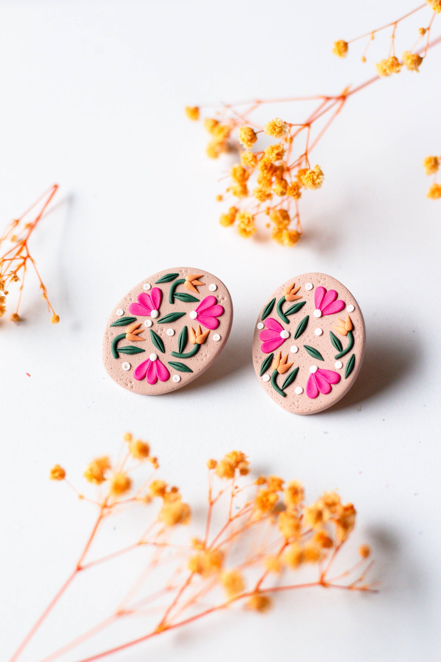 Slow Day Studios - Oval Oversized Polymer Clay Studs Floral Taupe Lightweight