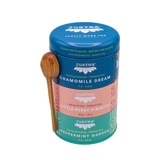 JusTea - Herbal Tea Trio Tin & Spoon - Organic, Fair-Trade Tea Gift